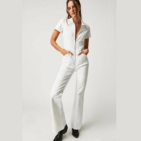 Free People Pants - 051 Free People Jayde Flare Jumpsuit White Stretch Denim (Size Large) $158 NWT